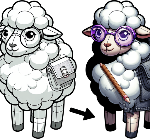 make a sheep wearing round purple glasses a jacket and a bag.
Single Game Texture. In-Game asset. 2d. Blank background. medium contrast. No shadows. cartoony. birdside view. full body. not facing the camera