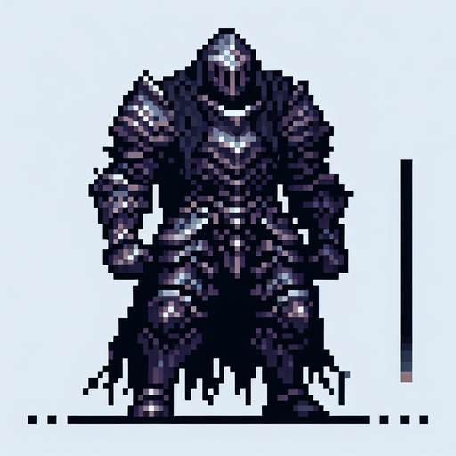 a colossal menacing black knight in heavy armor. pixelart game sprite. front view. Single Game Texture. In-Game asset. 2d. Blank background. High contrast. No shadows.