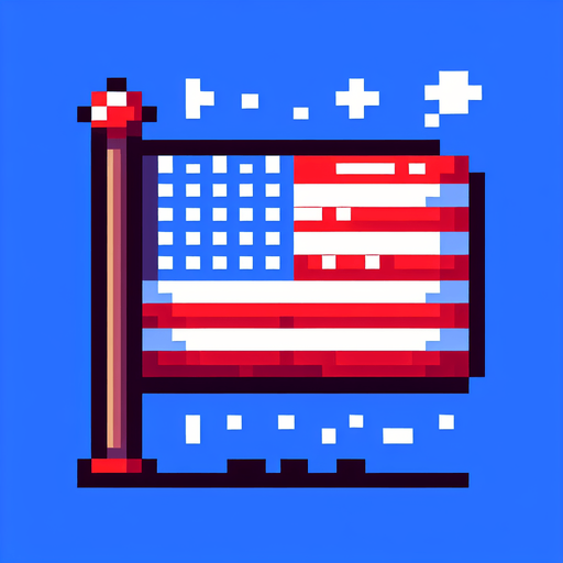 american flag. 8-bit. cartoon..
Single Game Texture. In-Game asset. 2d. Blank background. High contrast. No shadows.