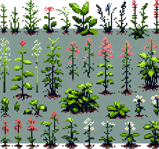 pixel art of garden weeds. Growth sprite sheet.
In-Game asset. 2d. Blank background. High contrast. No shadows.