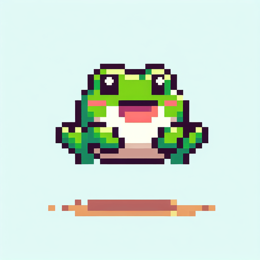 pixelated 8-bit cute jumping frog seen from the front.
Single Game Texture. In-Game asset. 2d. Blank background. High contrast. No shadows.