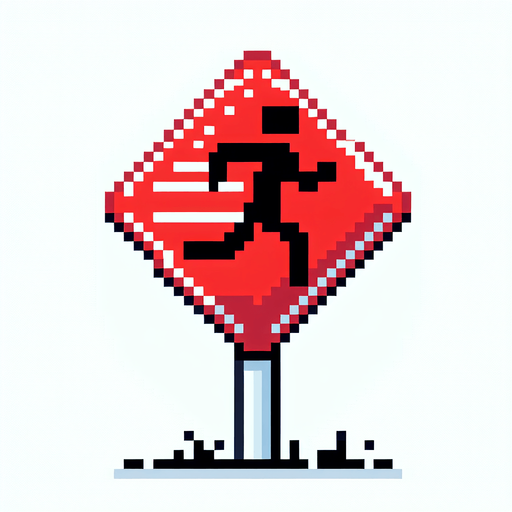 pixel art of a tall, red road sign showing someone running.
game asset, 2d, white background, shadowless.