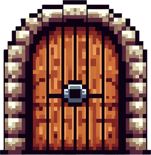 wooden door thats round at the top 8 bit.
Single Game Texture. In-Game asset. 2d. Blank background. High contrast. No shadows.
