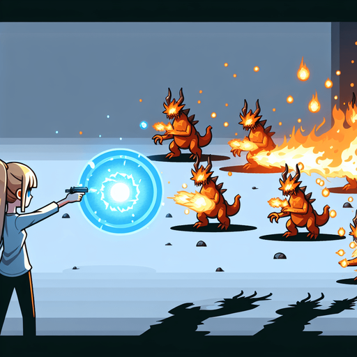 girl shooting on fire blunos with blue ball.
Single Game Texture. In-Game asset. 2d. Blank background. High contrast. No shadows.