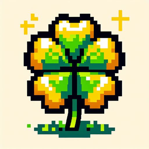 pixel art of a 4 leaf yellow clover..
Single Game Texture. In-Game asset. 2d. Blank background. High contrast. No shadows.