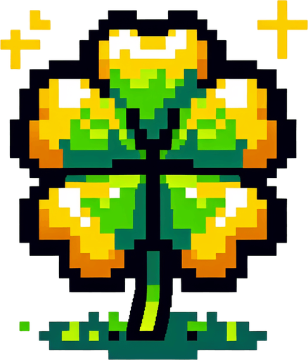 pixel art of a 4 leaf yellow clover..
Single Game Texture. In-Game asset. 2d. Blank background. High contrast. No shadows.