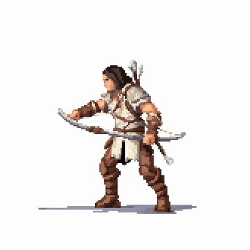 Heroic archer walking to the right.
Game Texture. In-Game asset. 2d. Pixelart. White background. Blank background. Low detail. High contrast.