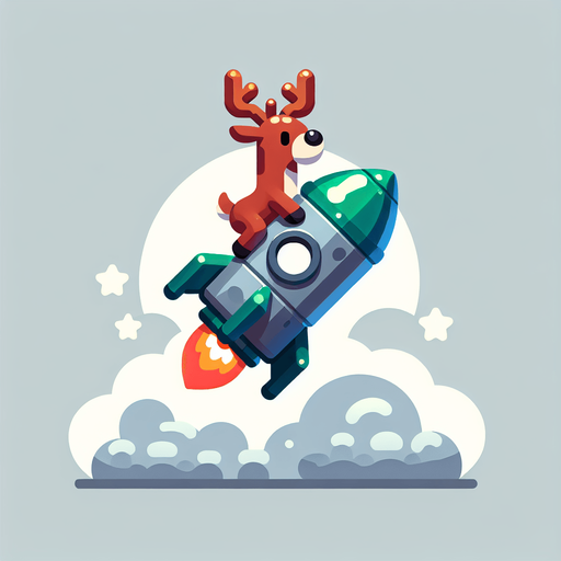 A reindeer on a rocket.
Single Game Texture. In-Game asset. 2d. Blank background. High contrast. No shadows.