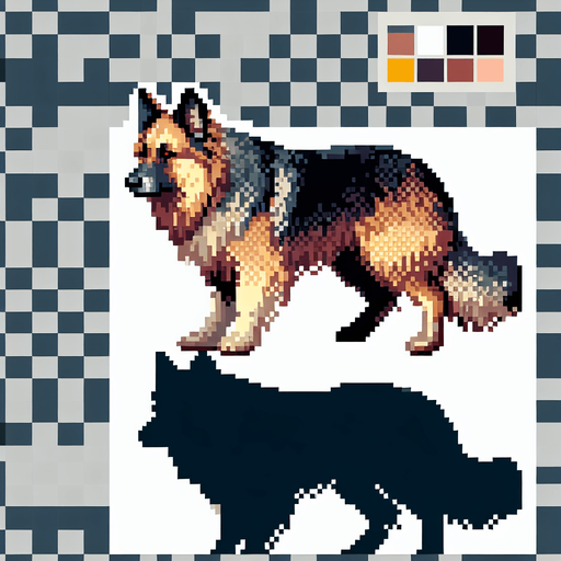 A 2D pixel shepherd dog transparent.
Single Game Texture. In-Game asset. 2d. Blank background. High contrast. No shadows.