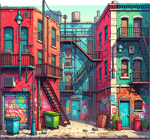 Create a cartoon-style  illustration of a back alley. The goal is to capture a lively and playful location. No skies..
Single Game Texture. In-Game asset. 2d. Blank background. High contrast. No shadows.