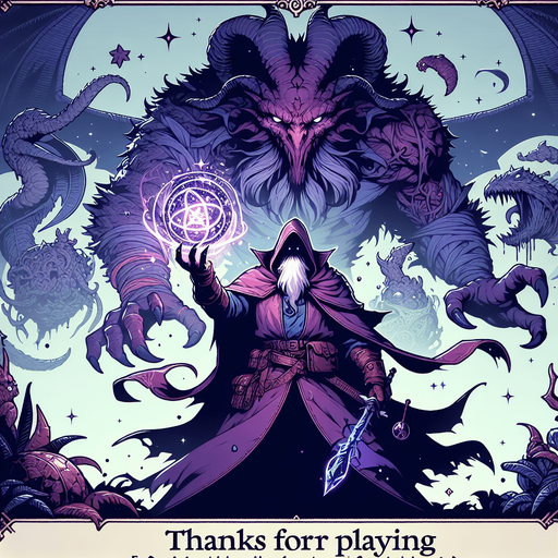 high definition closeup for a game titled "A Hero's Tale" and with the description "Embark on an epic quest as a powerful spellcaster, battle fierce foes across diverse and unique locations uncovering treasures.". Show text "Thanks for playing"  Show Purple Spellcaster, show evil monster.
Single Game Texture. In-Game asset. 2d. Blank background. High contrast. No shadows.