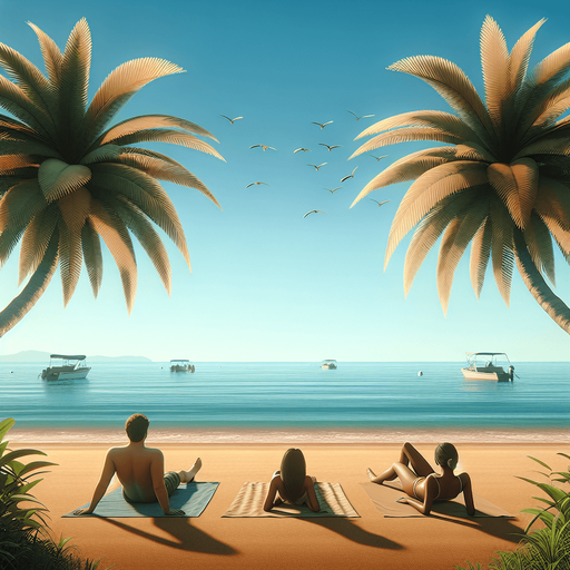 This is about a beach scene. In the background you can see the sea with boats in the horizon.In the foreground you can see sand with three people tanning in the sun.At the extrem left and at the extrem right, there are a palmer rising to the top of the image and making an arch of leaves over the people tanning..
Single Game Texture. In-Game asset. 2d. Blank background. High contrast. No shadows.