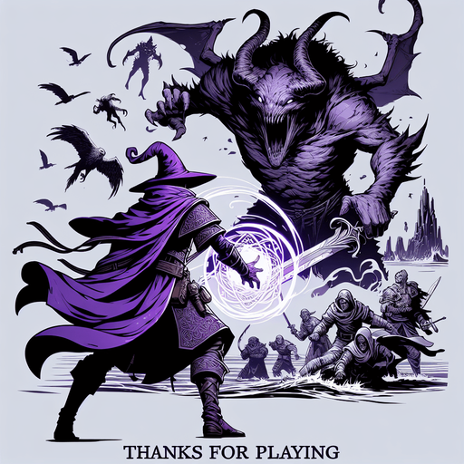 high definition closeup for a game titled "A Hero's Tale" and with the description "Embark on an epic quest as a powerful spellcaster, battle fierce foes across diverse and unique locations uncovering treasures.". Show text "Thanks for playing"  Show Purple Spellcaster, show evil monster.
Single Game Texture. In-Game asset. 2d. Blank background. High contrast. No shadows.