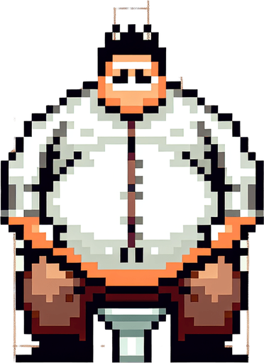 8-bit pixelated image of a video game character sitting with hands on a large belly, wearing a white shirt and brown pants. The setting is a simple bathroom, with the character as the main focus.
Single Game Texture. In-Game asset. 2d. Blank background. High contrast. No shadows.