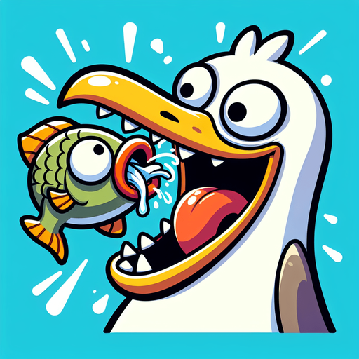 create a cartoon-style illustration of a seagul's face chomping down on a fish make it comical..
Single Game Texture. In-Game asset. 2d. Blank background. High contrast. No shadows.