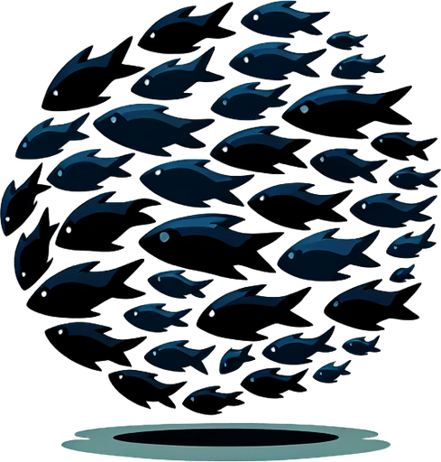 Create a cartoon-style illustration of a dark silhouette of a shoal of fish, side profile..
Single Game Texture. In-Game asset. 2d. Blank background. High contrast. No shadows.