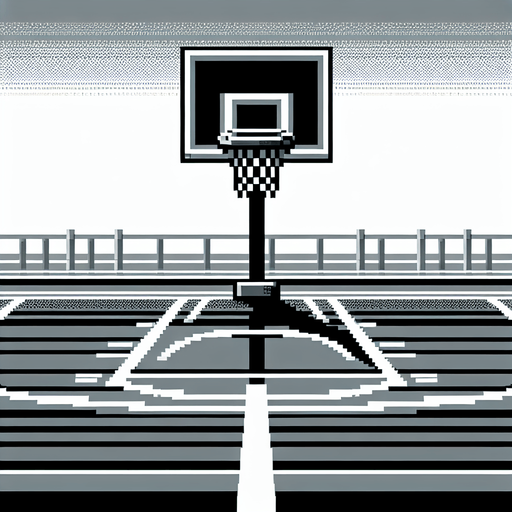 Basketball court. One basketball hoop with background and net is shown. Facing downcourt. 8-Bit style..
Single Game Texture. In-Game asset. 2d. Blank background. High contrast. No shadows.