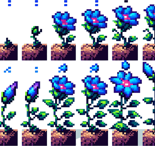 pixel art sprite sheet of a growing plant with two blue flowers.
In-Game asset. 2d. Blank background. High contrast. No shadows.