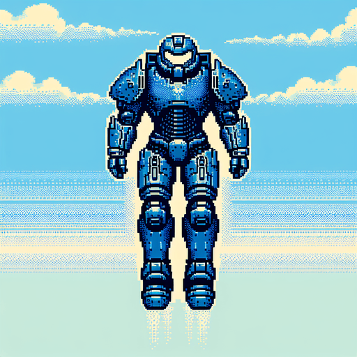 a blue iron man style armor flying.
Retro gaming style