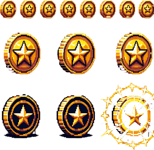 Create an 8-bit pixelated sprite sheet featuring a golden coin with a star symbol in the center. The coin should be viewed from multiple perspectives to create the illusion of spinning in place, with each frame showing slight rotational movement. The sprite sheet should include enough frames to produce a smooth spinning animation, with consistent shading and highlights to enhance the 3D effect of the coin rotating. The star symbol should remain centered and consistent throughout the animation, while the outer edges of the coin shift to reflect the spin..
Single Game Texture. In-Game asset. 2d. Blank background. High contrast. No shadows.