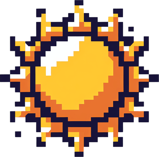 pixel art sun.
Single Game Texture. In-Game asset. 2d. Blank background. High contrast. No shadows.