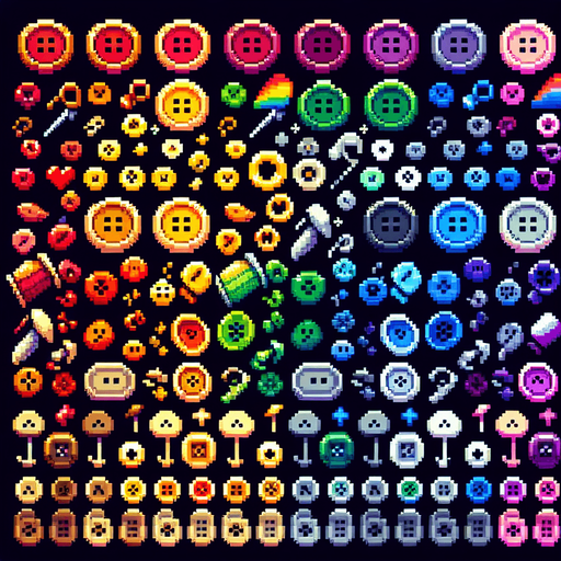 Create a sprite sheet featuring various sewing buttons. Each button should be distinct, with a cohesive color scheme containing a wide range of rainbow colors. The style should be detailed pixel art, reminiscent of classic 8-bit era video game. Arrange the components on a dark background, with each part neatly aligned in rows and columns for easy identification and use in game development..
Single Game Texture. In-Game asset. 2d. Blank background. High contrast. No shadows.