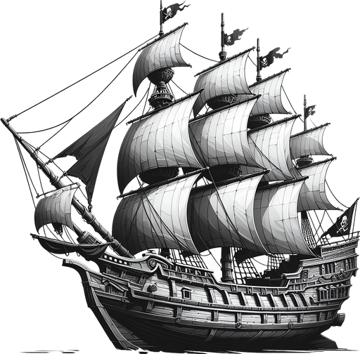 pirate caravel, side view, black and white,.
Single Game Texture. In-Game asset. 2d. Blank background. High contrast. No shadows.