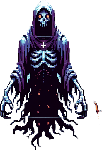 evil wraith, 1st person perspective, I want the art style to reflect a classic 16-bit retro pixel art aesthetic, reminiscent of early 1990s RPGs with vibrant colors.
Single Game Texture. In-Game asset. 2d. Blank background. High contrast. No shadows.