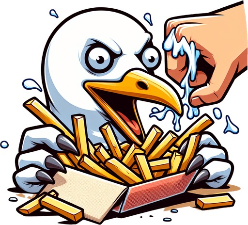 create a cartoon-style illustration of a seagul's face chomping down on fries make it comical..
Single Game Texture. In-Game asset. 2d. Blank background. High contrast. No shadows.