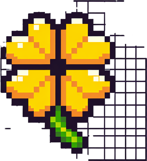 pixel art of a 4 leaf yellow clover..
Single Game Texture. In-Game asset. 2d. Blank background. High contrast. No shadows.