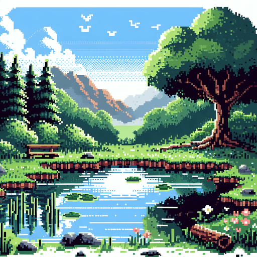 background of a pond in the middle of the nature. pixelated 8-bit.
Single Game Texture. In-Game asset. 2d. Blank background. High contrast. No shadows.