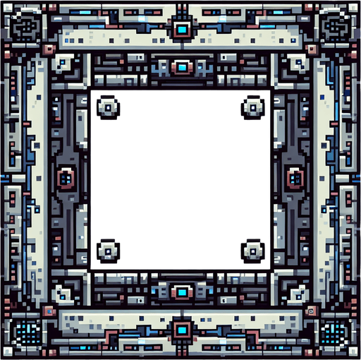 pixel art of a square scifi border.
Single Game Texture. In-Game asset. 2d. Blank background. High contrast. No shadows.