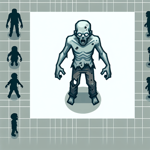 Un zombie en 2D vue du dessus.
Single Game Texture. In-Game asset. 2d. Blank background. High contrast. No shadows.