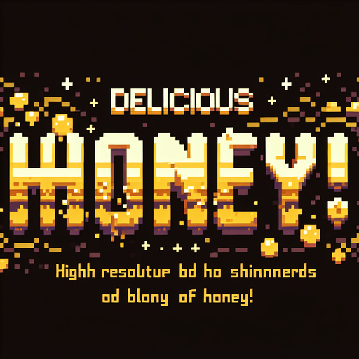 a cool splash screen style text saying 'Delicious Honey!' golden yellow brown honey colors. high-resolution pixel art..
Single Game Texture. In-Game asset. 2d. Blank background. High contrast. No shadows.