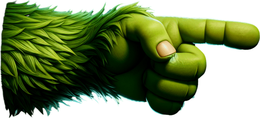 an green hairy grinch's arm, pointing in the horizontal direction, the index finger pointing to the left Single Game Texture. No background. High contrast. No shadows.