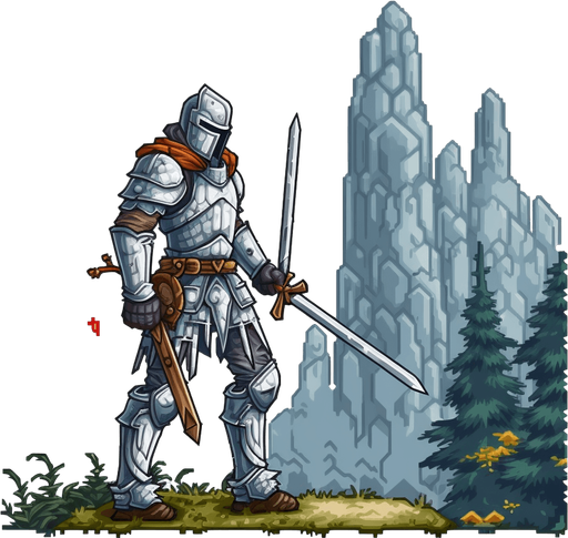 Heroic knight walking to the right.
Game Texture. In-Game asset. 2d. Pixelart. White background. Blank background. Low detail. High contrast.