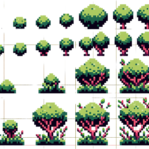 pixel art sprite sheet of a growing bush.
In-Game asset. 2d. Blank background. High contrast. No shadows.