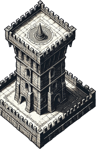 a medieval style stone tower. top down view. Single Game Texture. In-Game asset. 2d. Blank background. High contrast. No shadows.