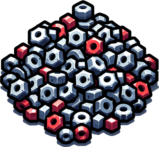 2d pile of gray and red nuts and bolts Single Game Texture. In-Game asset. 2d. Blank background. High contrast. No shadows.