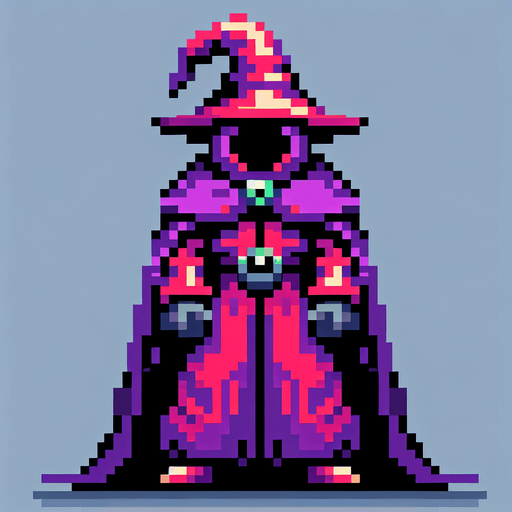 evil hooded wizard, full body, front facing, I want the art style to reflect a classic 16-bit retro pixel art aesthetic, reminiscent of early 1990s RPGs with vibrant colors..
Single Game Texture. In-Game asset. 2d. Blank background. High contrast. No shadows.