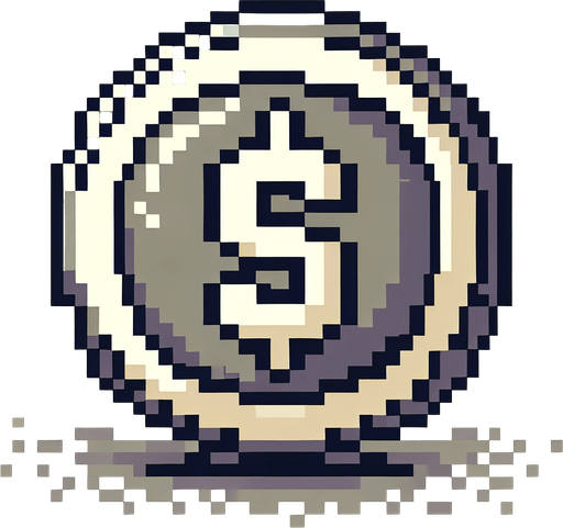 Pixel art coin for platform computer game.
Single Game Texture. In-Game asset. 2d. Blank background. High contrast. No shadows.