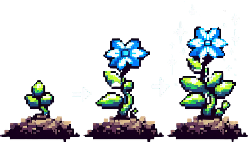 pixel art sprite sheet of a growing plant with two blue flowers.
In-Game asset. 2d. Blank background. High contrast. No shadows.