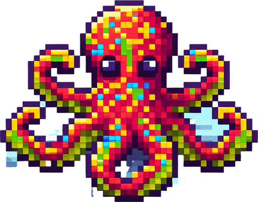 cartoon. 8-bit. octopus. colorful..
Single Game Texture. In-Game asset. 2d. Blank background. High contrast. No shadows.