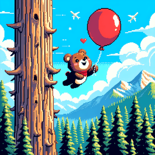 pixel art. a full screen illustration. a likeable and very satiated and content little bear cub with a red baloon is flying away from an incredibly tall redwood tree at considerable height. It's a bright summer day with a clear blue sky. Forest covered mountains in the distance. The overall feel should be happy complacency, even in a place of peril..
Single Game Texture. In-Game asset. 2d. Blank background. High contrast. No shadows.