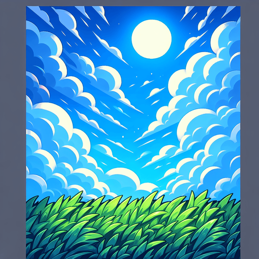 a sky and grass.
Single Game Texture. In-Game asset. 2d. Blank background. High contrast. No shadows.