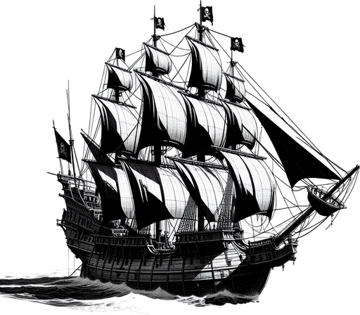 pirate caravel, side view, black and white,.
Single Game Texture. In-Game asset. 2d. Blank background. High contrast. No shadows.