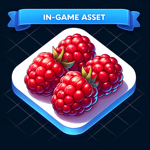 A few delicious red raspberries, cleaned..
Single Game Texture. In-Game asset. 2d. Blank background. High contrast. No shadows.