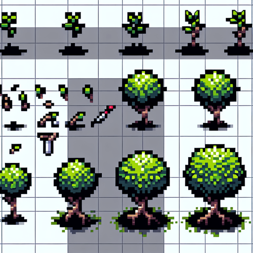 pixel art sprite sheet of a growing bush.
In-Game asset. 2d. Blank background. High contrast. No shadows.