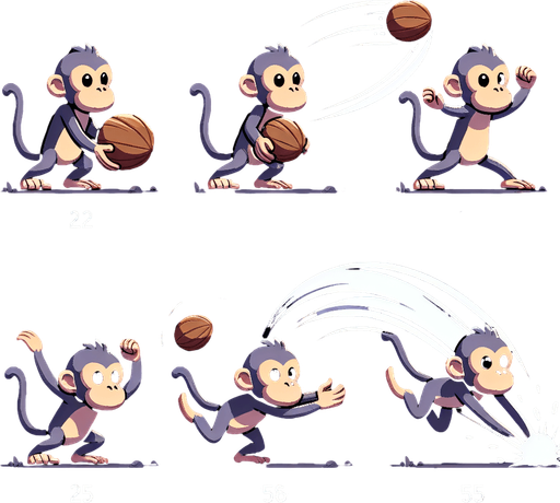 Peux tu créer une image composées de quatre parties égales : le mouvement décomposé d'un singe qui balance une noix de coco vers le bas?.
Single Game Texture. In-Game asset. 2d. Blank background. High contrast. No shadows.