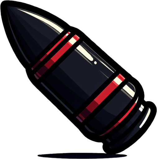 make a single black bullet with 5 red lines..
Single Game Texture. In-Game asset. 2d. Blank background. medium contrast. No shadows. cartoony. birdside view. full body. not facing the camera